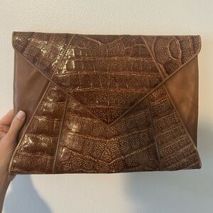 Marianna Vintage Crocodile Embossed Brown Leather Clutch